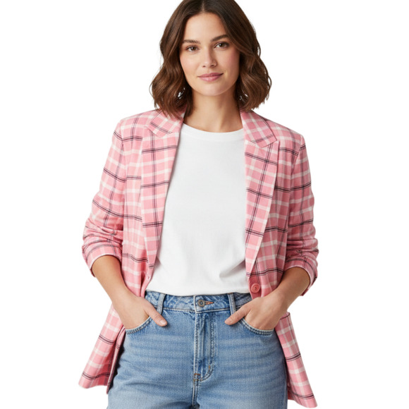 Ashley Stewart Jackets & Blazers - NWT Ashley Stewart Blazer Women 12 Pink Plaid Stretch Button Jacket Work Career